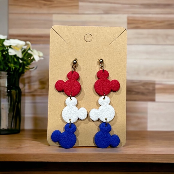 Mickey Mouse Red-White-Blue Fourth of July Polymer Clay Dangle Earrings - Picture 2 of 2